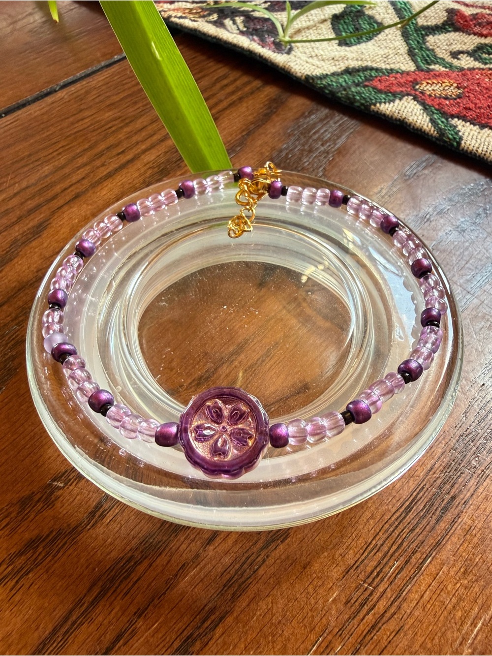 Handcrafted Purple Floral Glass Beaded Bracelet